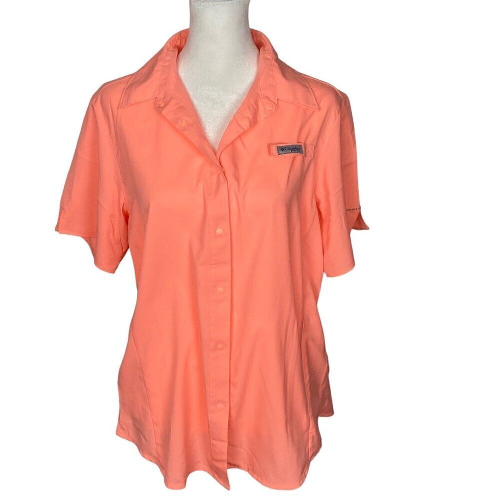 COLUMBIA PFG‎ Top Omni-Shade Short Sleeve Snap Front Shirt Orange M 66-10